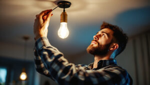 A photograph of a lighting contractor skillfully installing or adjusting a flicker light in a residential or commercial setting