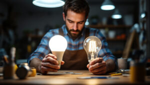 A photograph of a lighting contractor in action