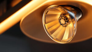 A photograph of a close-up shot of a reflector bulb with a twist and lock connector installed in a stylish light fixture
