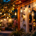 A photograph of a beautifully lit outdoor space featuring a variety of waterproof hanging lights