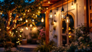 A photograph of a beautifully lit outdoor space featuring a variety of waterproof hanging lights