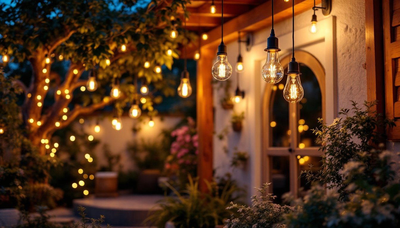 A photograph of a beautifully lit outdoor space featuring a variety of waterproof hanging lights
