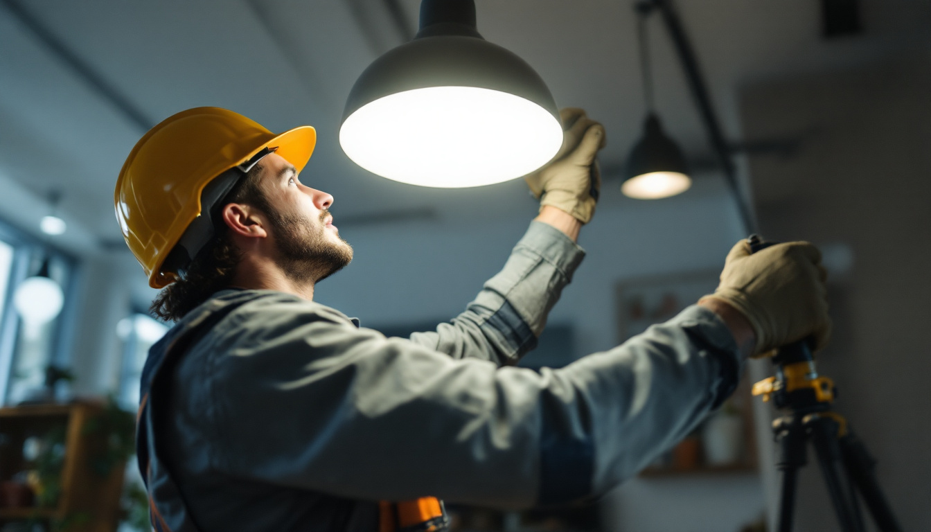 A photograph of a skilled lighting contractor expertly installing a stylish luminaire lighting fixture in a modern interior space