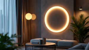 A photograph of a beautifully designed circle led light installation in a modern interior setting