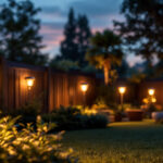 A photograph of a beautifully illuminated backyard scene at dusk