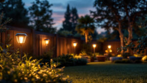 A photograph of a beautifully illuminated backyard scene at dusk