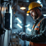 A photograph of a lighting contractor working with electric ballasts in a commercial setting