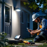 A photograph of a lighting contractor installing a photocell outdoor light in a residential setting