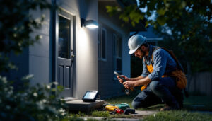 A photograph of a lighting contractor installing a photocell outdoor light in a residential setting