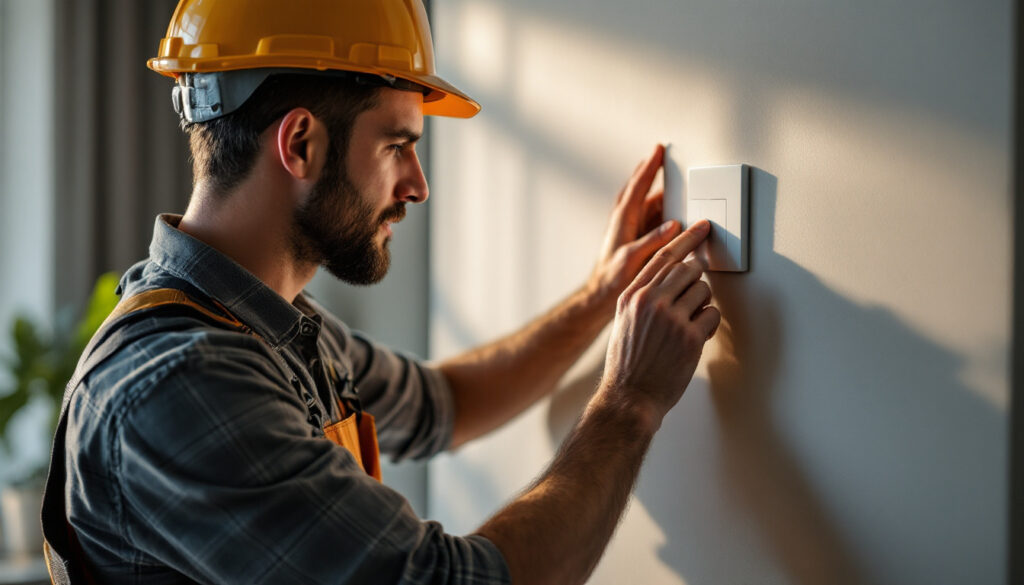 A photograph of a lighting contractor installing or adjusting a modern light switch in a stylish interior setting