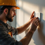 A photograph of a lighting contractor installing or adjusting a modern light switch in a stylish interior setting