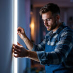 A photograph of a lighting contractor installing or adjusting a dimmable led strip in a modern interior setting