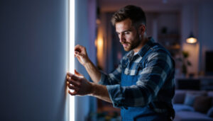A photograph of a lighting contractor installing or adjusting a dimmable led strip in a modern interior setting