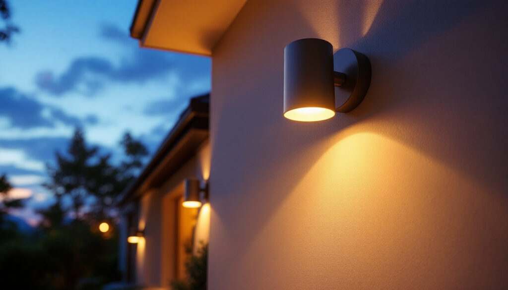 A photograph of a beautifully designed outdoor space showcasing a combination of stylish sconces and recessed lights