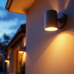 A photograph of a beautifully designed outdoor space showcasing a combination of stylish sconces and recessed lights