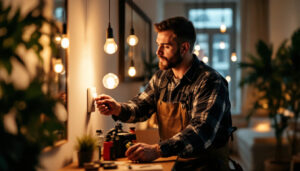 A photograph of a lighting contractor installing or adjusting led dimmer light bulbs in a modern residential setting