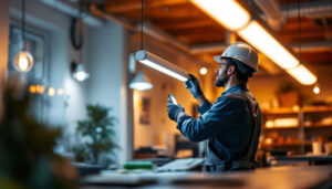 A photograph of a brightly lit workspace featuring a t8 fluorescent tube installation