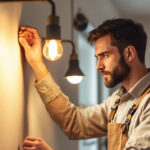 A photograph of a skilled lighting contractor expertly installing modern lighting fixtures in a beautifully designed interior space