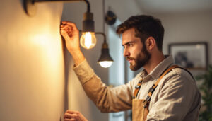 A photograph of a skilled lighting contractor expertly installing modern lighting fixtures in a beautifully designed interior space