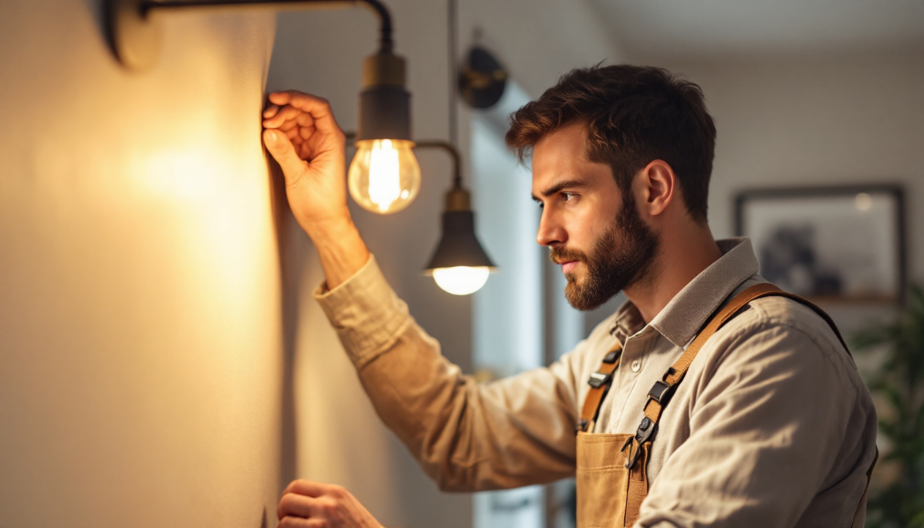 A photograph of a skilled lighting contractor expertly installing modern lighting fixtures in a beautifully designed interior space