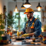 A photograph of a lighting contractor working in a residential or commercial setting