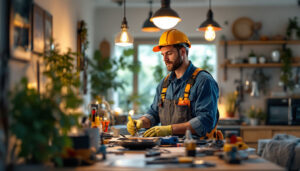 A photograph of a lighting contractor working in a residential or commercial setting