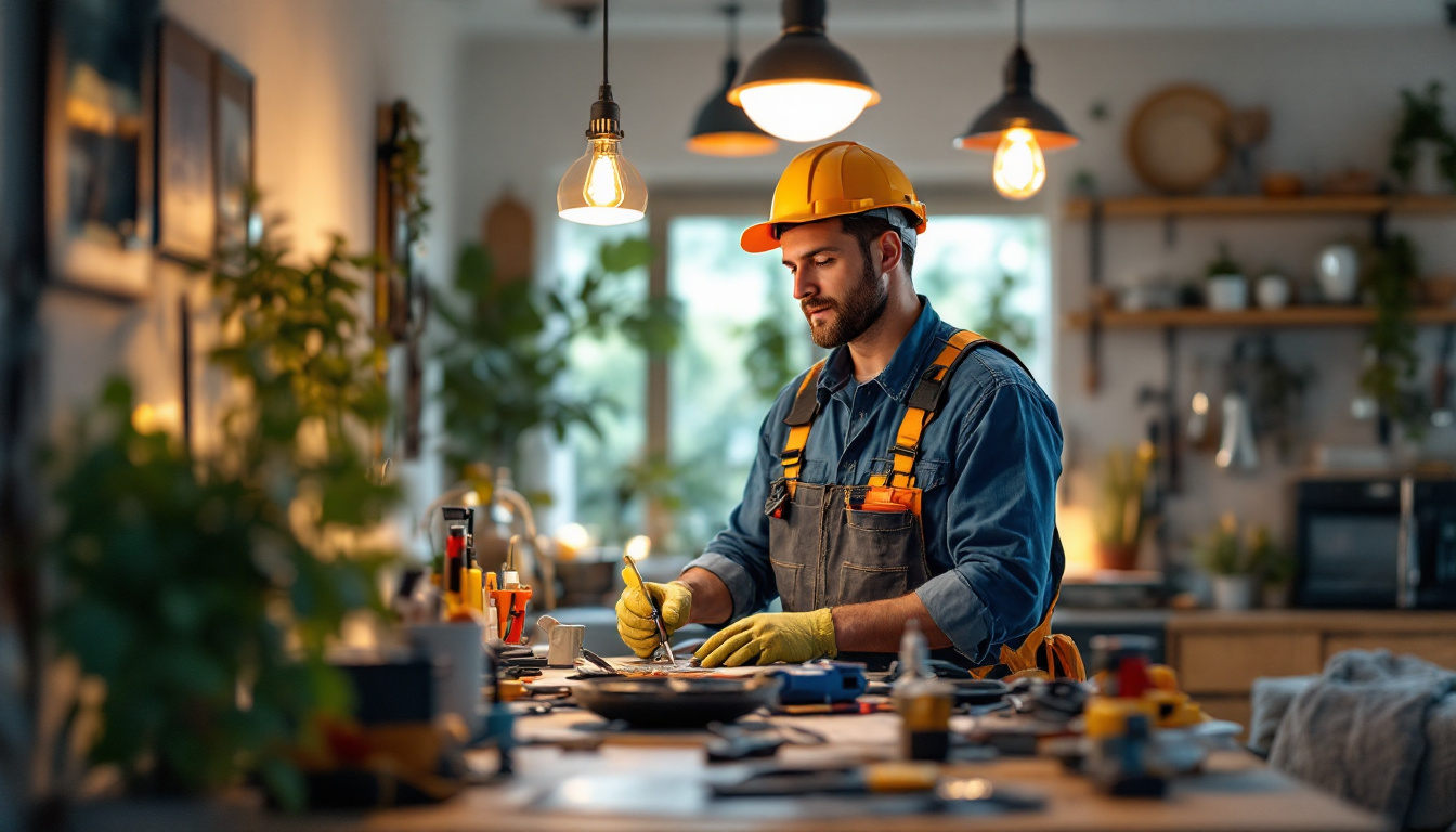 A photograph of a lighting contractor working in a residential or commercial setting