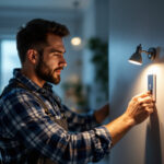 A photograph of a lighting contractor expertly installing a stylish wallplate in a well-lit residential or commercial setting