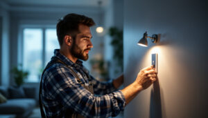 A photograph of a lighting contractor expertly installing a stylish wallplate in a well-lit residential or commercial setting