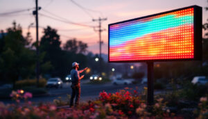 A photograph of a well-lit outdoor solar-powered double-sided led business sign in use