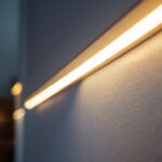 A photograph of a close-up of a recessed led strip lighting installation in a modern interior setting
