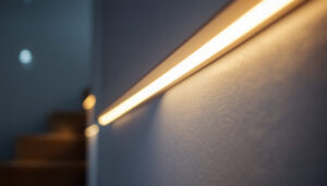 A photograph of a close-up of a recessed led strip lighting installation in a modern interior setting