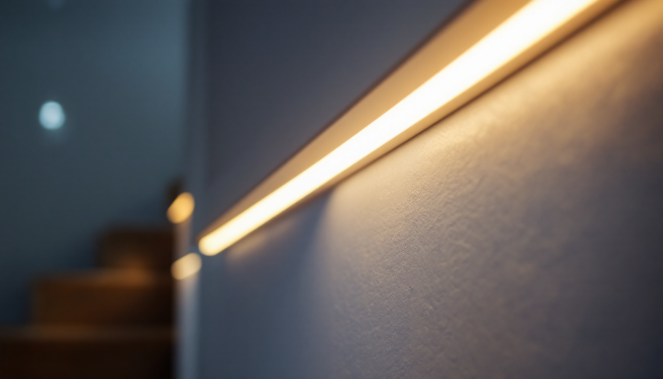 A photograph of a close-up of a recessed led strip lighting installation in a modern interior setting