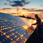 A photograph of a solar plant at dusk