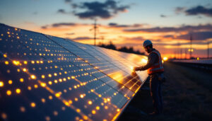 A photograph of a solar plant at dusk
