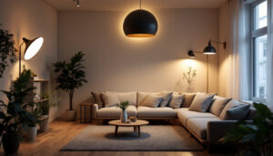 A photograph of a well-lit indoor space showcasing various lighting options