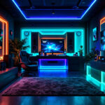 A photograph of a stylish gamer room featuring vibrant led lighting effects