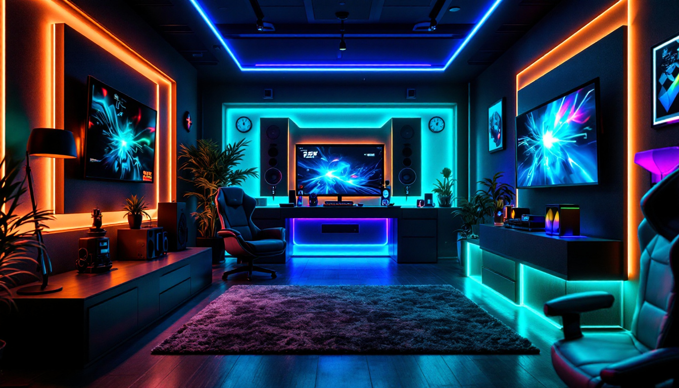 A photograph of a stylish gamer room featuring vibrant led lighting effects