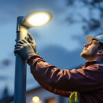 A photograph of a lighting contractor installing or adjusting pole lights in an outdoor setting