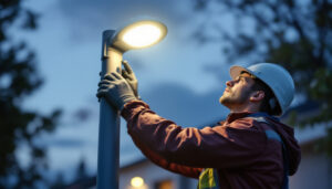 A photograph of a lighting contractor installing or adjusting pole lights in an outdoor setting