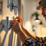 A photograph of a skilled lighting contractor installing or adjusting three-way switches in a well-lit residential setting