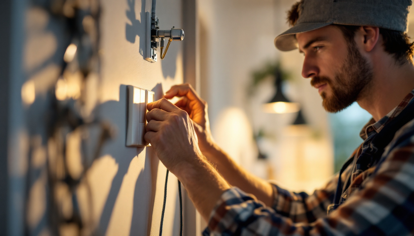 A photograph of a skilled lighting contractor installing or adjusting three-way switches in a well-lit residential setting