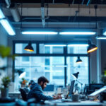 A photograph of a well-lit workspace featuring various fluorescent light fixtures in use