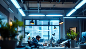 A photograph of a well-lit workspace featuring various fluorescent light fixtures in use