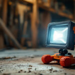 A photograph of a portable work light in action at a construction site or workshop