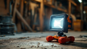 A photograph of a portable work light in action at a construction site or workshop
