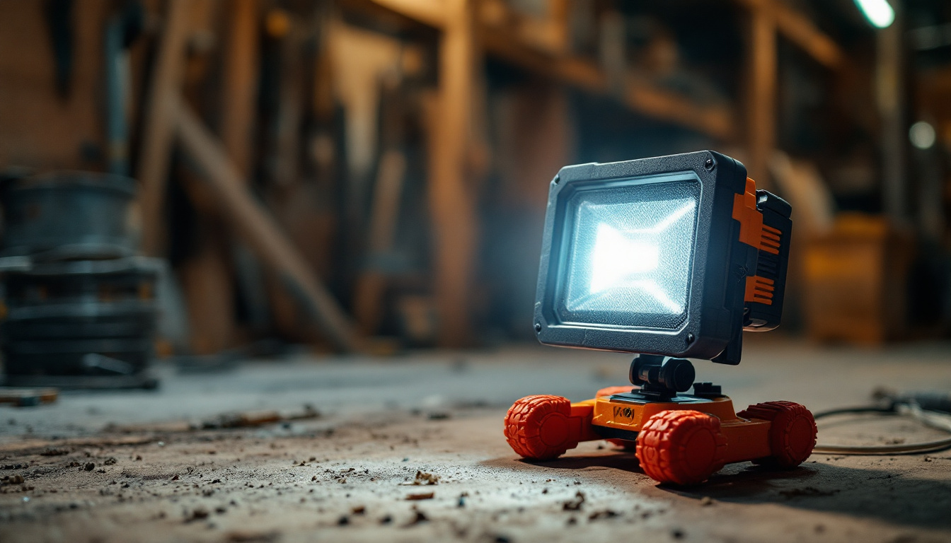 A photograph of a portable work light in action at a construction site or workshop