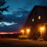 A photograph of a well-lit barn exterior at dusk