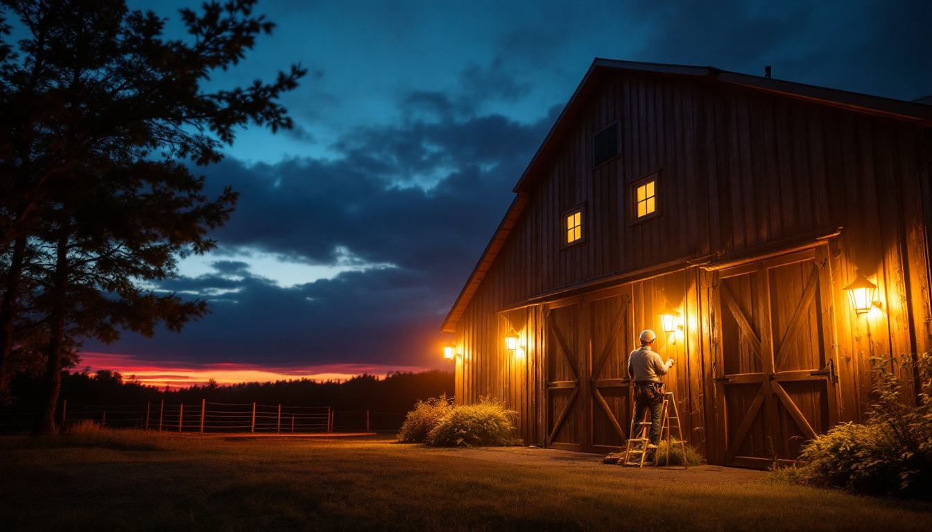 A photograph of a well-lit barn exterior at dusk