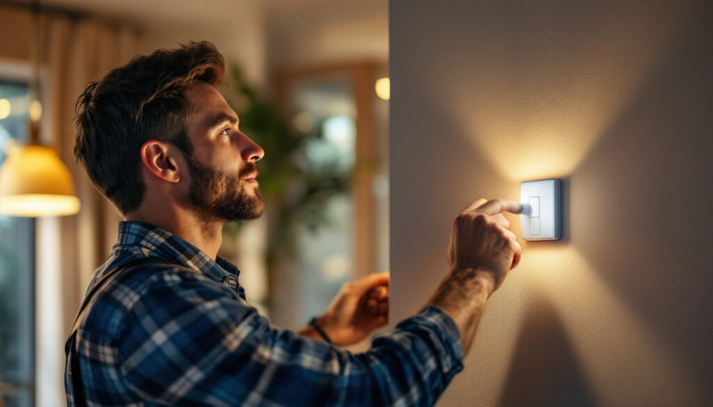 A photograph of a skilled lighting contractor installing a sensor light switch in a modern home setting